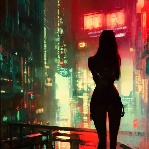 Prompt: back facing of a beautiful girl, cyberpunk, intimate, city, spotlight, passionate, by greg rutkowski, by jeremy mann, by francoise nielly,, 4 k, 8 k, correct body proportion