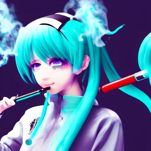 Image similar to hatsune miku smoking weed with a vape pen, smoke coming out of her mouth, bloodshot eyes, artstation, 4 k