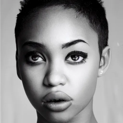 Image similar to a masterpiece portrait photo of a beautiful young woman who looks like a black miley cyrus, symmetrical face