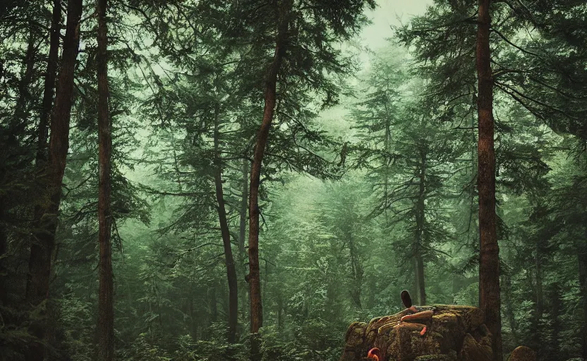 Image similar to a lonely wandering soul, resting in a forest sitting on a boulder, listening to the quiet and the breeze, smiling and looking up at the trees, by elizabeth gadd