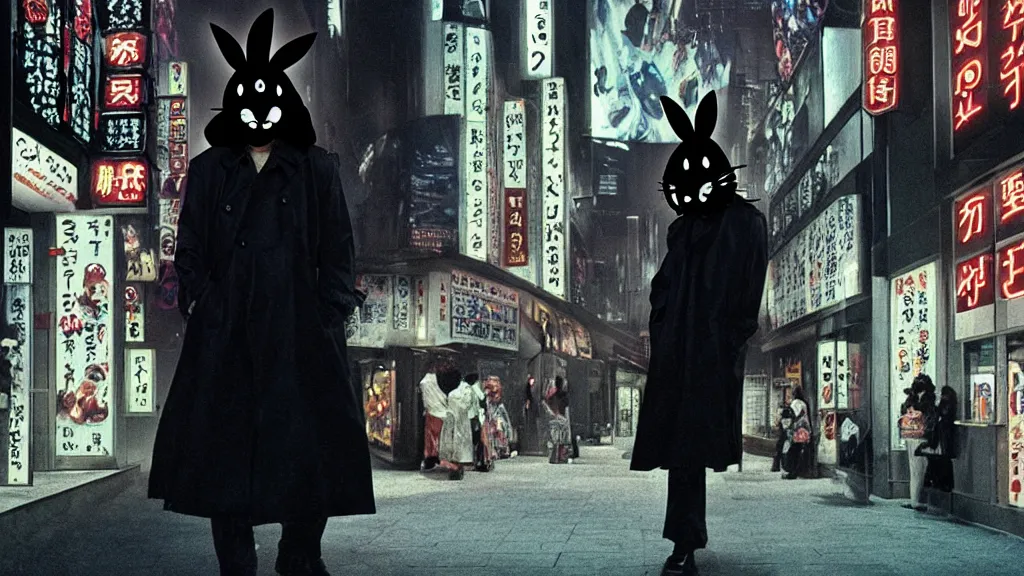 Image similar to a man in a trench coat wearing a black rabbit mask in front of a night club, film still from the an anime directed by Katsuhiro Otomo with art direction by Salvador Dalí, wide lens