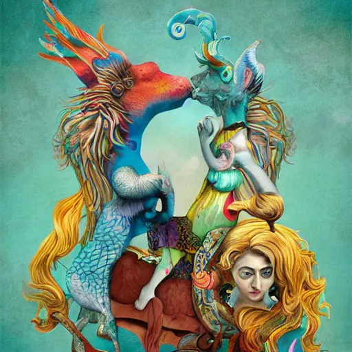 Image similar to strange mythical beasts of whimsy, surreal mixed media colllage by Ronny Khalil