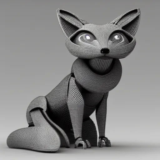 Prompt: a 3 d printed robot that resembles a fox, 3 d render, post processing, cinmatic lightning