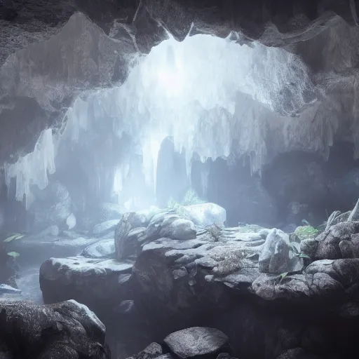 Image similar to overgrown cave made of white paper, crystal lighting, mystical, hyperrealistic, 4 k, unreal engine, highly detailed, dramatic lighting, magical,