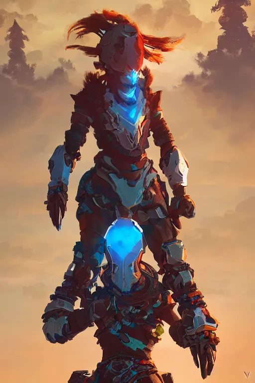 Image similar to combination suit armor aloy horizon forbidden west horizon zero dawn radiating a glowing aura global illumination ray tracing hdr fanart arstation by ian pesty and alena aenami artworks in 4 k tribal robot ninja mask helmet backpack