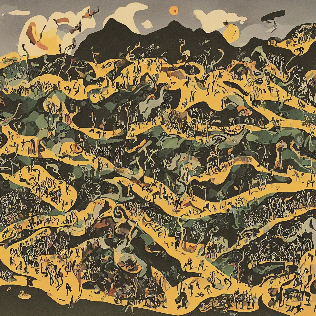 Prompt: a landscape of a world where the mountains are saxophones and the ground is a piano, jazz, illustration, 1 9 4 0's