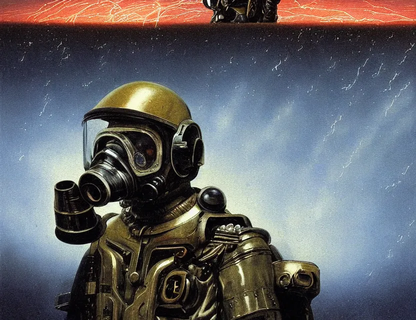 Image similar to a detailed portrait painting of a lone bounty hunter pilot wearing combat armour, gas mask and a reflective visor. Head and chest only. Movie scene, cinematic sci-fi scene. Flight suit, cloth and metal, accurate anatomy. portrait symmetrical and science fiction theme with lightning, aurora lighting. clouds and stars. Futurism by beksinski carl spitzweg moebius and tuomas korpi. baroque elements. baroque element. intricate artwork by caravaggio. Oil painting. Trending on artstation. 8k