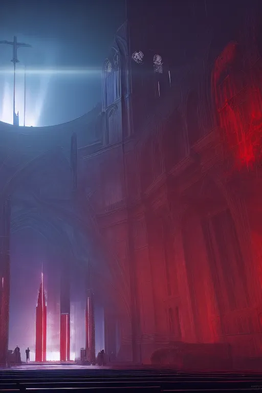 Image similar to symmetrical, centered composition, ancient church with red shafts of light in destiny 2, foggy, liminal, dark, dystopian, beautiful architecture, abandoned, highly detailed 4 k destiny 2 expansion key art wallpaper