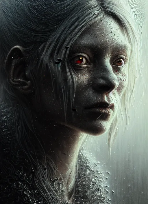 Image similar to realistic portrait of beautifully crystalized and detailed portrait of a goblin, matte painting of cinematic movie scene, dystopian environment, horror, created by gustave dore and greg rutkowski, high detailed, smooth draw, synthwave neon retro, intricate, realistic proportions, dramatic lighting, trending on artstation.