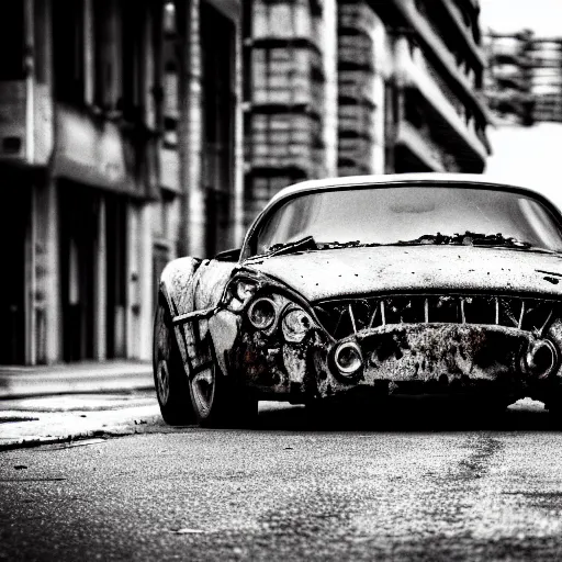 Prompt: black and white press photograph of a rusted abandoned expensive sports car on a busy city street, detailed, natural light, mist, film grain, soft vignette, sigma 5 0 mm f / 1. 4 1 / 1 0 sec shutter, imax 7 0 mm footage