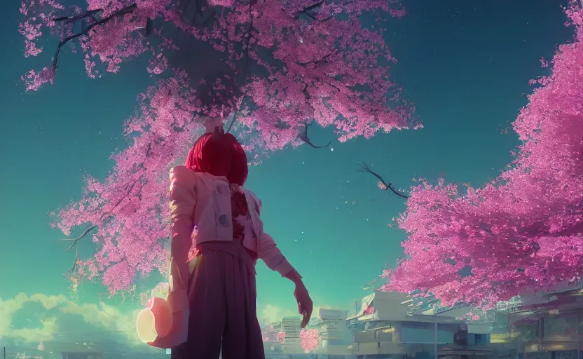 Image similar to goddess of cherry blossoms, Low level, rendered by Beeple, Makoto Shinkai, syd meade, simon stålenhag,, synthwave style, digital art, unreal engine, WLOP, trending on artstation, 4K UHD image, octane render,