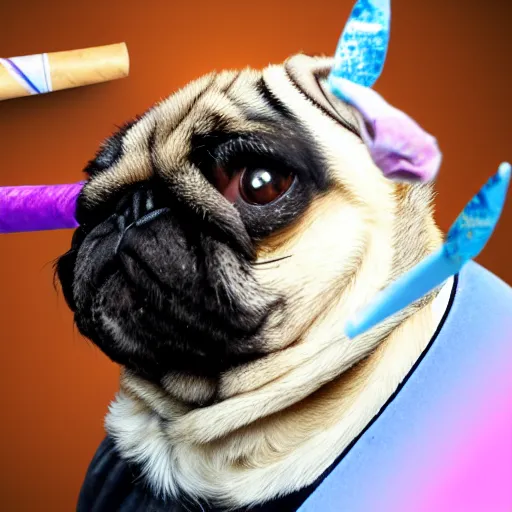 Image similar to a pug with wings and a unicorn horn smoking a cigar