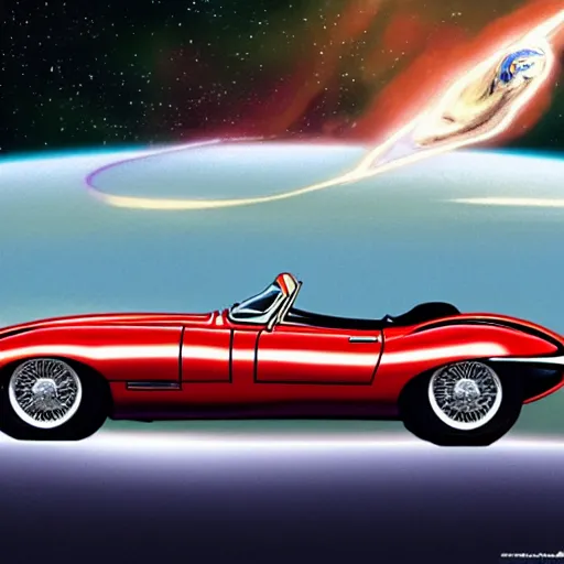 Image similar to a retro sci fi wallpaper of a jaguar e - type series 1 roadster flying in space