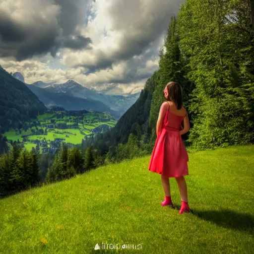 Image similar to a beautiful photograph of a girl with switzerland landscape in the background with trees, hdr, 8 k, high quality, sharp focus, artstation, highly detailed, award - winning, dramatic lighting, beautiful clouds, and nature