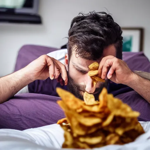 Prompt: Gigachad man eating many bags of chips on his bed while watching TV, dslr photo