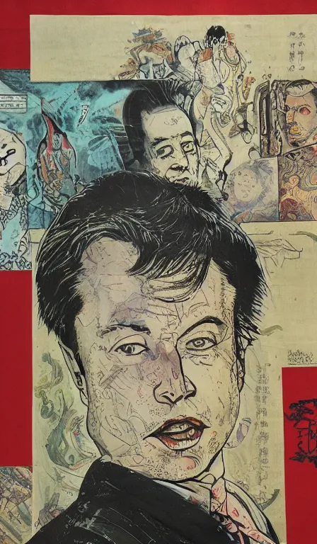 Prompt: elon musk by Shen Quan, hanging scroll, ink and colours on silk