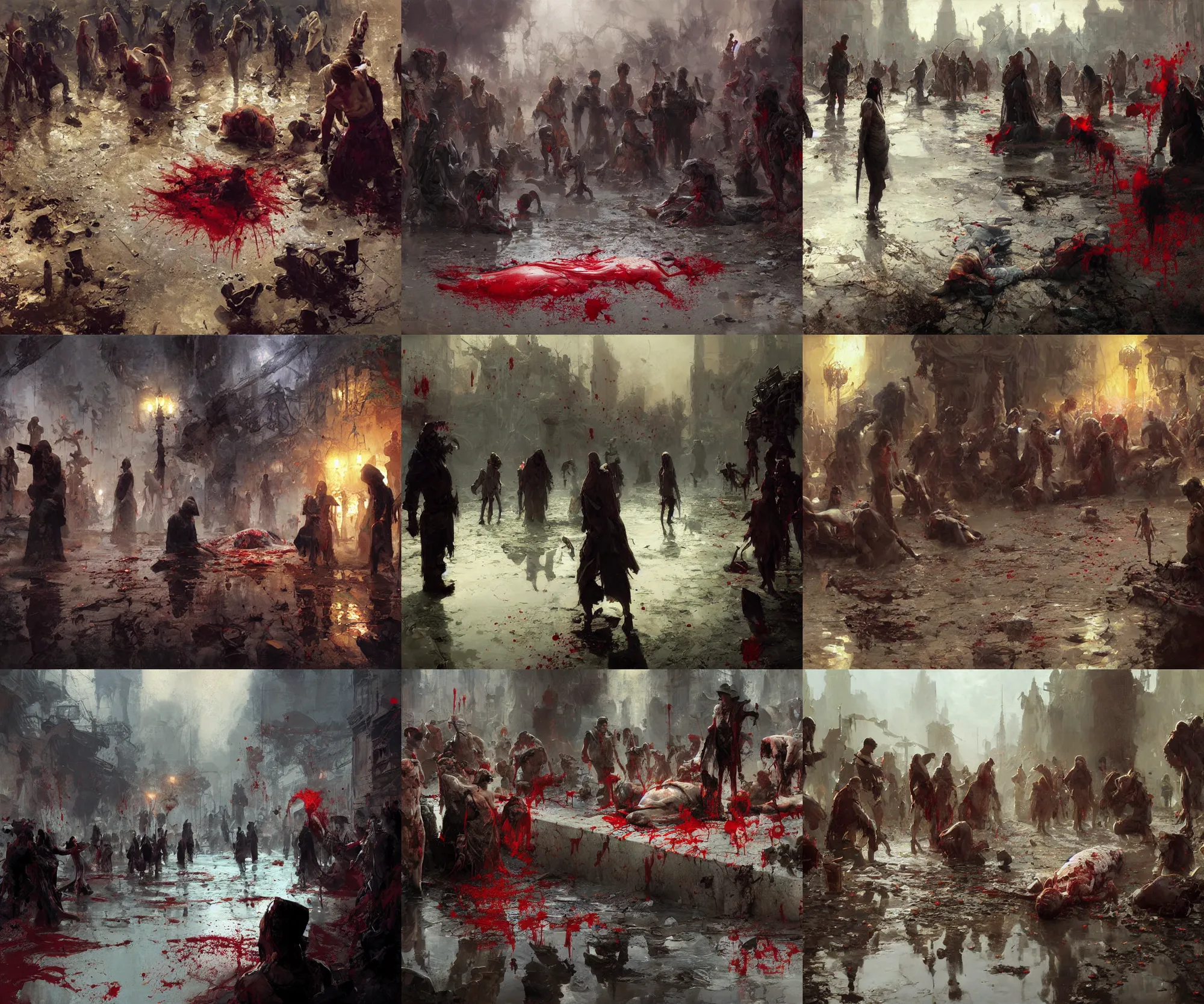 Prompt: digital art painting of dozens of shocked horrified people looking down surrounding a corpse over a puddle of blood painted by craig mullins and gaston bussiere and greg rutkowski