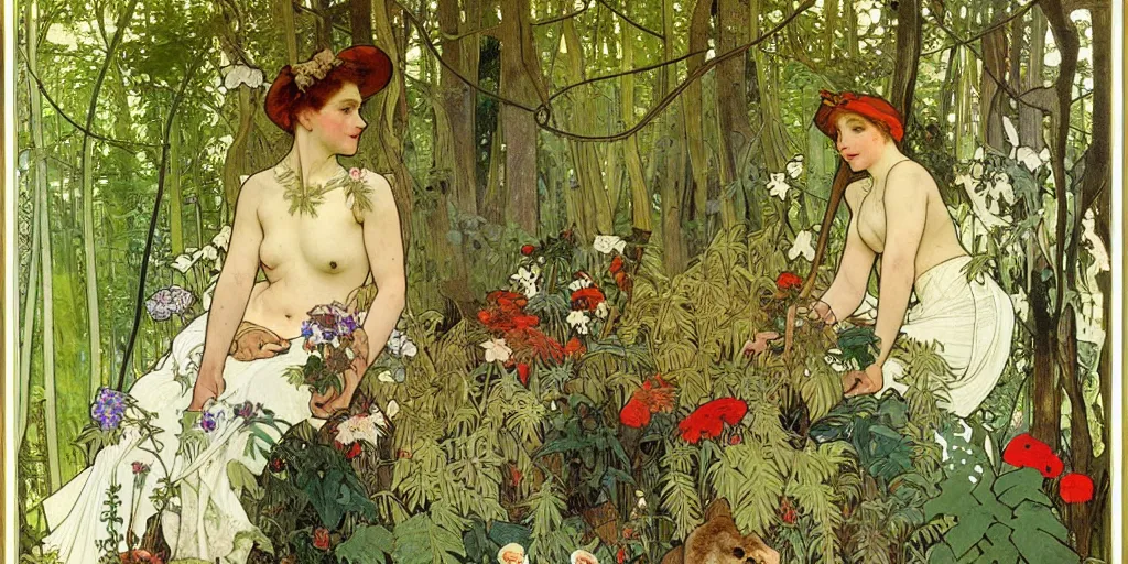 Image similar to a beautiful painting of wild animals in the woods with vines and ferns and flowers, painted by carl larsson and alphonse mucha