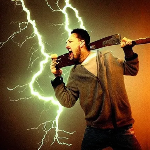 Prompt: “Brendon Fraser screaming holding a chainsaw made of lightning”