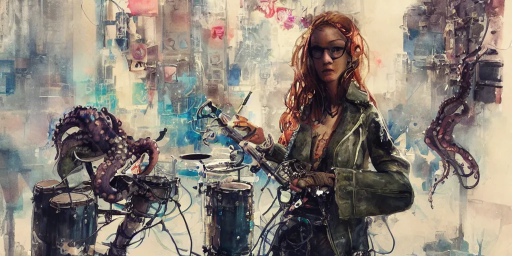Prompt: Octopus girl playing R&R drum kit in the spotlight with rock band squid concert, cyberpunk, realistic, detailed, Industrial Scifi, paint, watercolor, in the style of Ashley Wood and Wadim Kashin