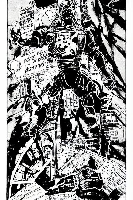 Image similar to cyborg ninja standing heroically, a page from cyberpunk 2 0 2 0, style of paolo parente, style of mike jackson, adam smasher, johnny silverhand, 1 9 9 0 s comic book style, white background, ink drawing, black and white