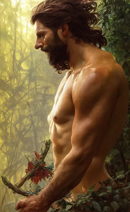 Prompt: god of the forest, 3 0 years old, rugged, male, gorgeous, detailed face, amazing, thighs, ottoman, muscular, intricate, highly detailed, digital painting, artstation, concept art, sharp focus, illustration, art by greg rutkowski and alphonse mucha