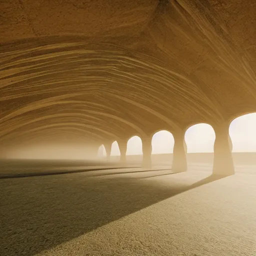 Prompt: a photo of the interior of a vast vaulted structure made of concrete, the structure is in the desert, the structure is tall and infinite, volumetric lighting, light rays, photorealistic, ultrarealistic, coronarender, 8k