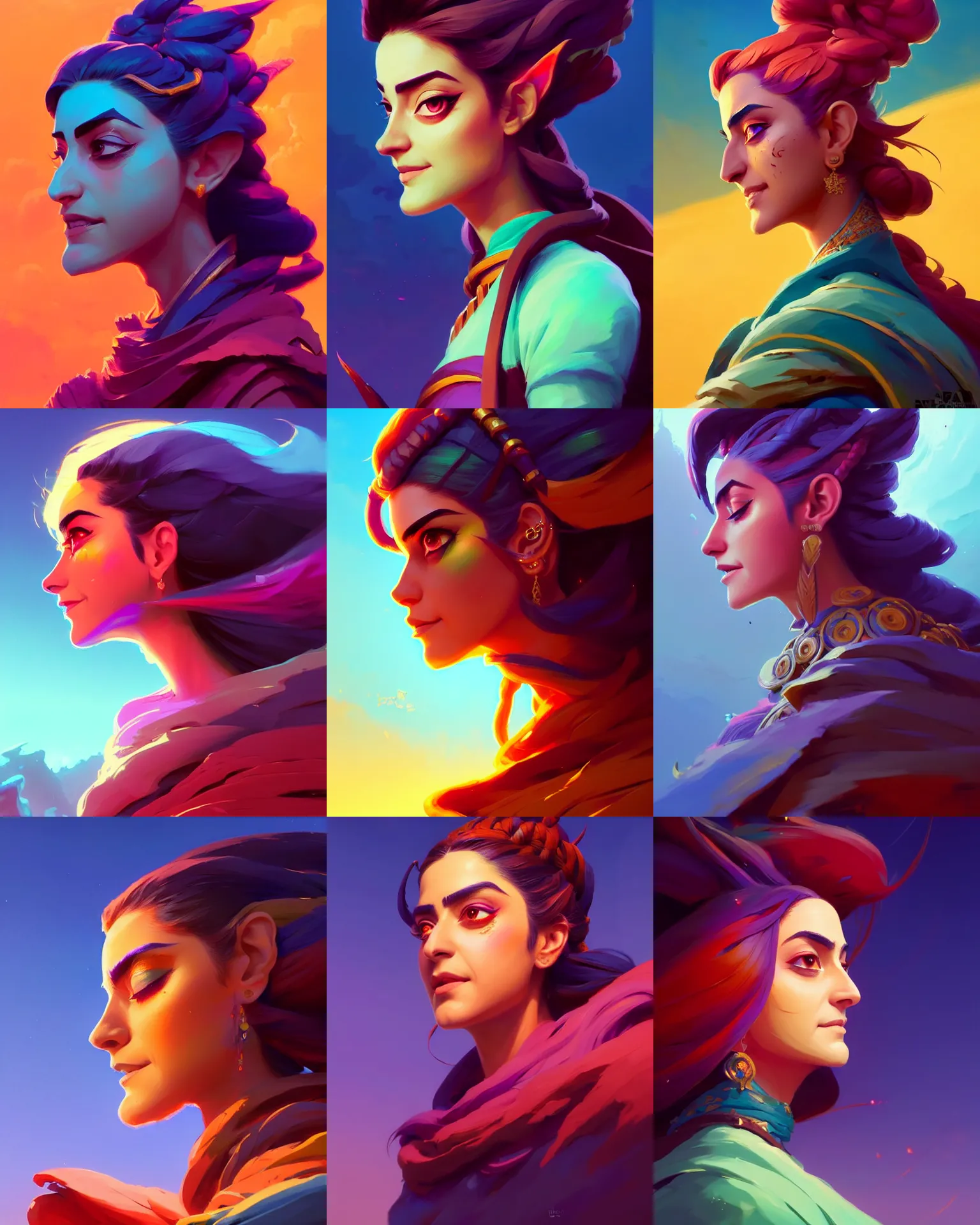 Prompt: side - profile painted portrait, maya ali as a wind mage, fantastic gaudy colors, octane render, gloomhaven, matte painting concept art, official fanart behance hd artstation by jesper ejsing, by rhads and makoto shinkai and lois van baarle and ilya kuvshinov and rossdraws