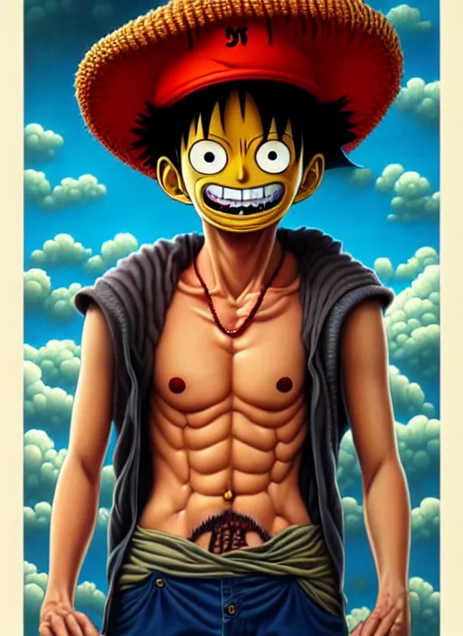 Prompt: lovecraftian portrait of luffy, pixar style, by tristan eaton stanley artgerm and tom bagshaw