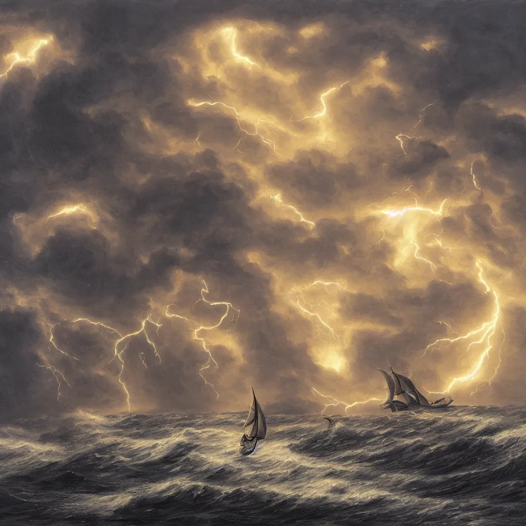 Image similar to a fantasy book style portrait of a giant squid, stormy sea, giant waves, lightning in the background, small boat, oil painting, 4 k