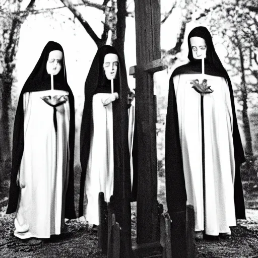 Image similar to black and white, award winning photo, levitating twin nuns, wearing pentgram necklace, Very long arms, in a sanctuary, eerie, frightening —width 1024 —height 1024