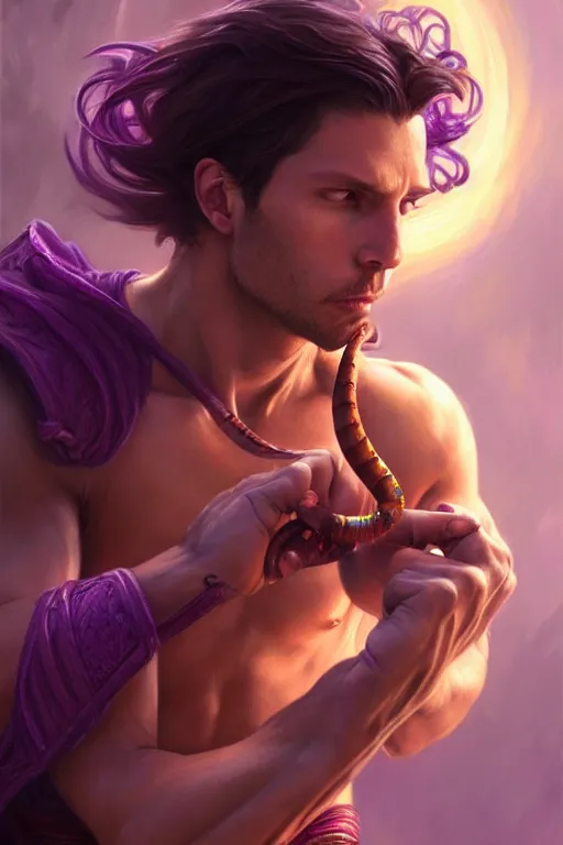 Image similar to male fighter fighting a purple worm, fantasy, amber eyes, face, long hair, intricate, elegant, highly detailed, digital painting, artstation, concept art, smooth, sharp focus, illustration, art by artgerm and greg rutkowski and alphonse mucha
