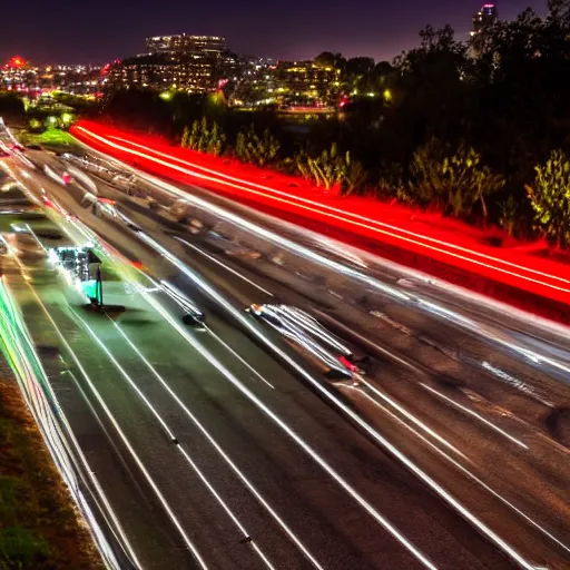 Prompt: dslr photo freeway photo at night, dragonflies replace the cars, very high quality lights, intricate details, extremely high quality, moody lighting, real camera, real photo, slow - shutter, 8 k, full subject in shot
