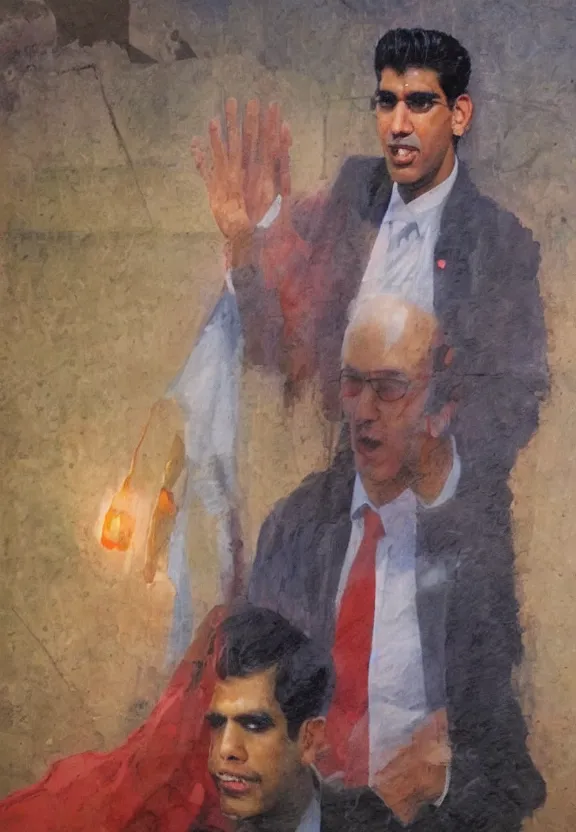 Prompt: rishi sunak in the political afterlife, rishi sunak ghost, oil painting by James gurney