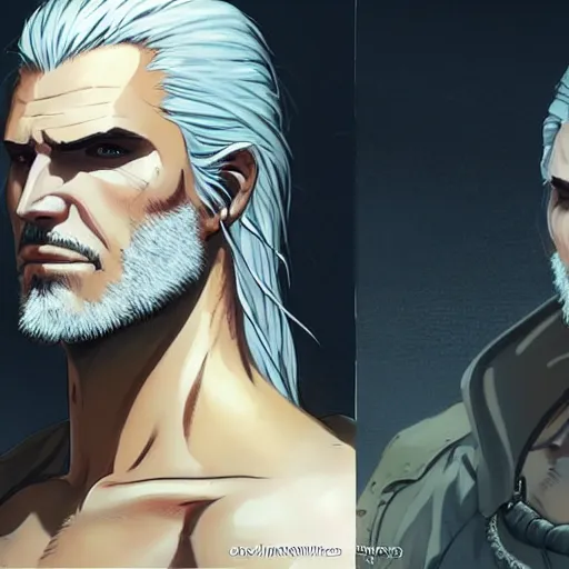 Image similar to well drawn animation portrait Anime geralt of rivia Sharp fine full body portrait , realistic shaded Perfect face, fine details. Anime. cyberpunk realistic shaded lighting by katsuhiro otomo ghost-in-the-shell, magali villeneuve, artgerm, rutkowski Jeremy Lipkin and Giuseppe Dangelico Pino and Michael Garmash and Rob Rey