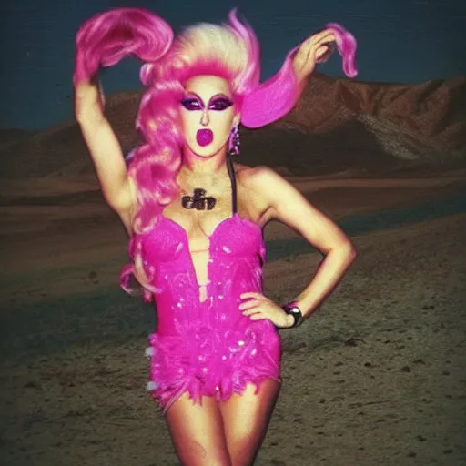 Image similar to drag queen pink paradise in desert, polaroid photo, perfect photo, photo pinterest