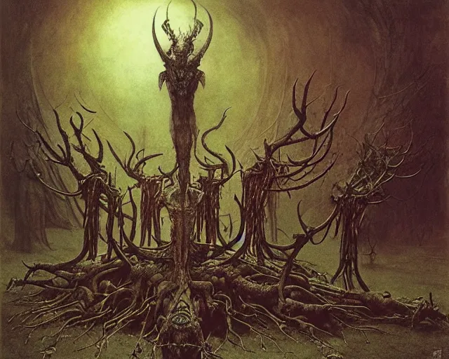 Image similar to Ancient cultic ritual totem made of horns and thorns by kostnice czech, Beksinski, Arthur Rackham, Eugene de Blaas, Dariusz Zawadzki, Wayne Barlowe