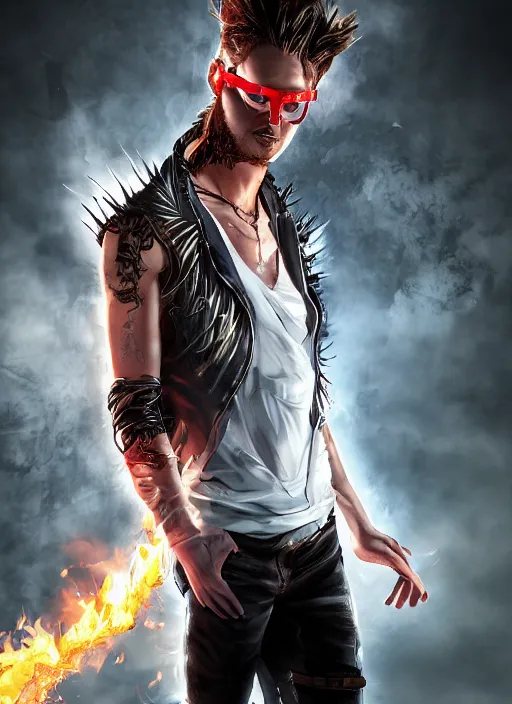 Image similar to An epic fantasy comic book style portrait painting of young man with red spiked long hair, using googles. Wearing a black waistcoat, white shirt. Fire on his hands. Unreal 5, DAZ, hyperrealistic, octane render, cosplay, RPG portrait, dynamic lighting
