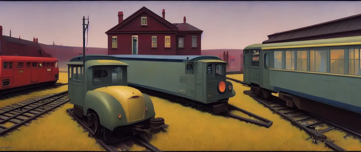 Image similar to train engine, Edward Hopper and James Gilleard, Zdzislaw Beksinski, Mark Ryden, Wolfgang Lettl highly detailed