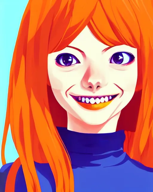 Prompt: beautiful anime girl full body Emma Stone, orange glowing hair, sarcastic smiling, clear clean face, symmetrical face, blurry background, face by Ilya Kushinov style, painterly style, flat illustration