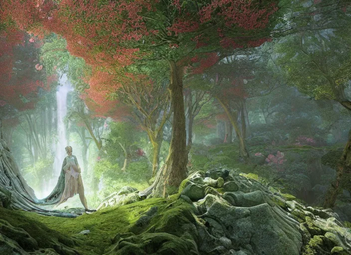 Image similar to an idealistic marble statue with fractal flowery hair and fair porcelain face and green eyes, in a magical forest, painted by, mc escher, gordon onslow ford, georgia o'keeffe and ivan aivazovsky, cinematic light, god rays, colourful, unreal engine, zbrush central,