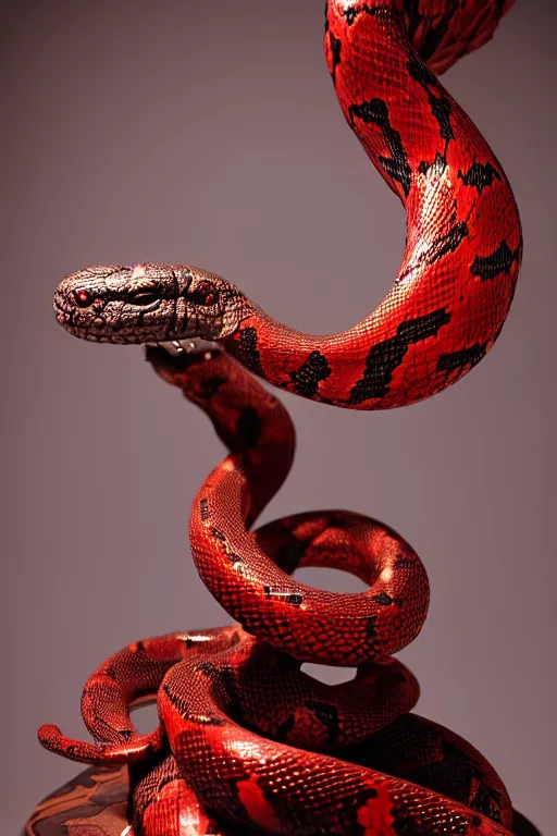 Prompt: chrome ornated african snake statue layed on a red silk fabric, by hedi xandt and antonio corradini, macabre art, dark surrealism, epic and cinematic view, volummetric light, texturized, detailed, 8 k