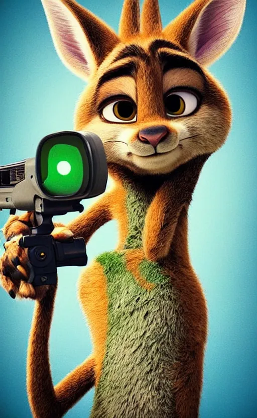 Image similar to “kangaroo in the style of the movie zootopia holding a laser gun and pointing it at the the camera”