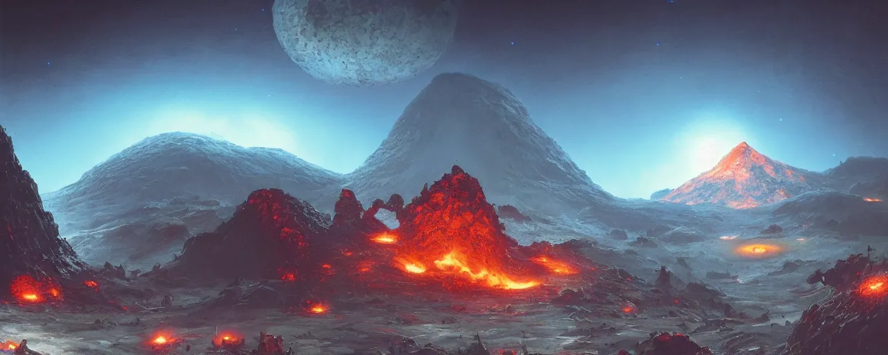 Image similar to ” outer planet with volcanoes, [ art by paul lehr, cinematic, detailed, epic, widescreen, opening, establishing, mattepainting, photorealistic, realistic textures, octane render ] ”