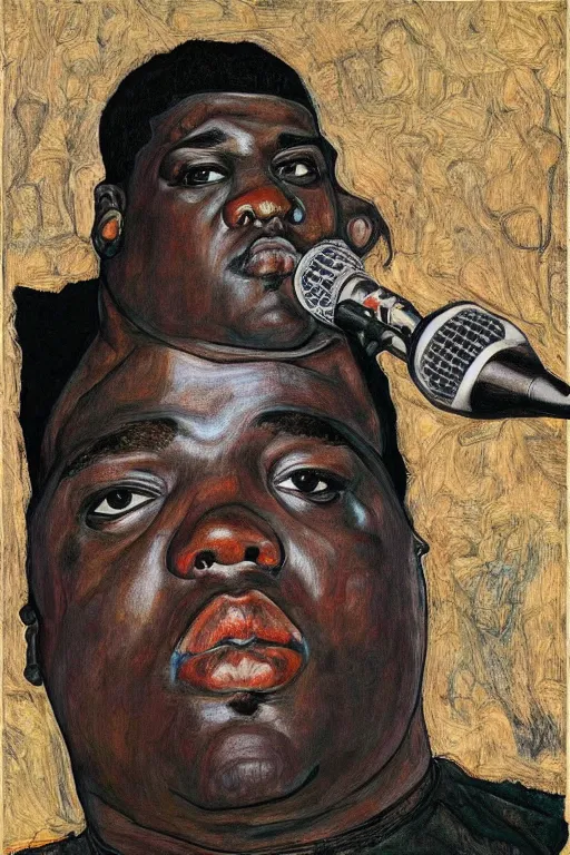 Image similar to a portrait of biggie smalls holding a mic in a hand by egon schiele, masterpiece, hyperdetailed, complex, intricate, old school, 9 0 s, 4 k, trending on artstation