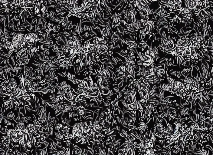 Prompt: pattern dobermage puppies, blackberries pattern, blackbirds, blackskulls, elegant, dark matte, insanely detailed and intricate, hypermaximalist, elegant, ornate, hyper realistic, super detailed, by James Audubon