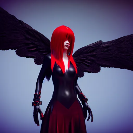 Image similar to beautiful female mage with red hair, black clothing, dark feathered wings, octane 3 d render, trending on artstation, dramatic lighting, 4 k