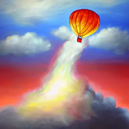 Prompt: oil painting of a hot air balloon bursting through a cloud with a dragon in the background