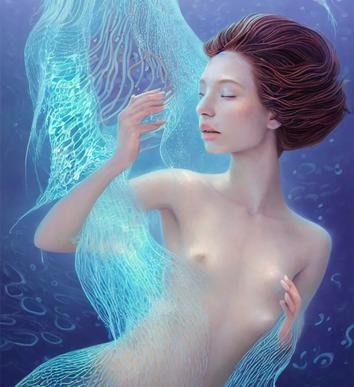 Prompt: underwater portrait of a goddess mermaid with (reaction diffusion) scaled fish skin Bioluminescent phoenix jellyfish, Her breath shot a haze of steam out into the frosty morning air concept, soft light, soft mood, realistic body features and face, illustration,intricate ornament halo, painting oil on canvas by Elena Zhurikhina and Goro Fujita and Charlie Bowater, octane render trending on artstation, 4k, 8k, HD