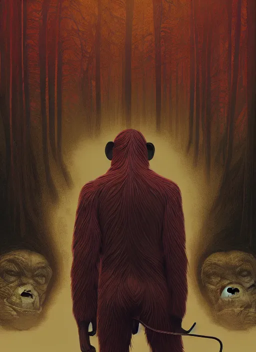 Image similar to Twin Peaks movie poster artwork by Michael Whelan and Tomer Hanuka, Rendering of a chimpanzee, from a scene from Twin Peaks, clean, full of detail, Matte painting, trending on artstation and unreal engine